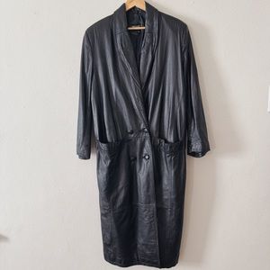 80s VINTAGE BLACK LEATHER TRENCH COAT